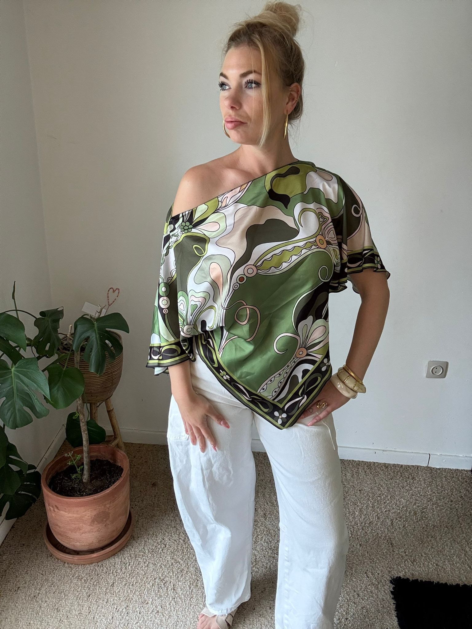 Green Print Satin Top