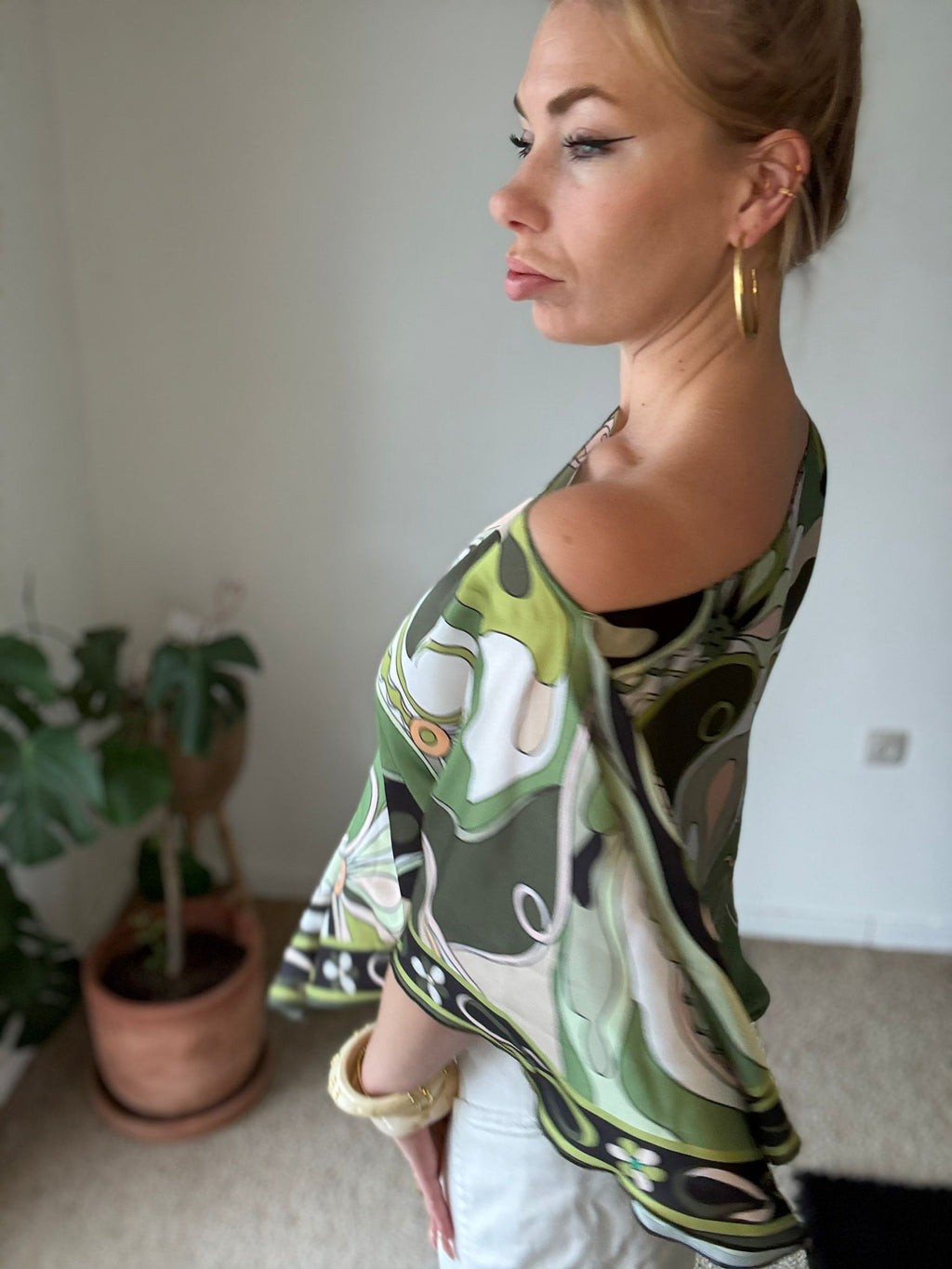 Green Print Satin Top