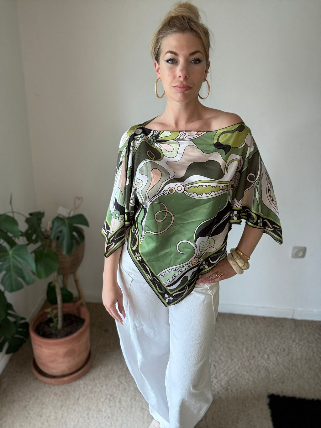 Green Print Satin Top