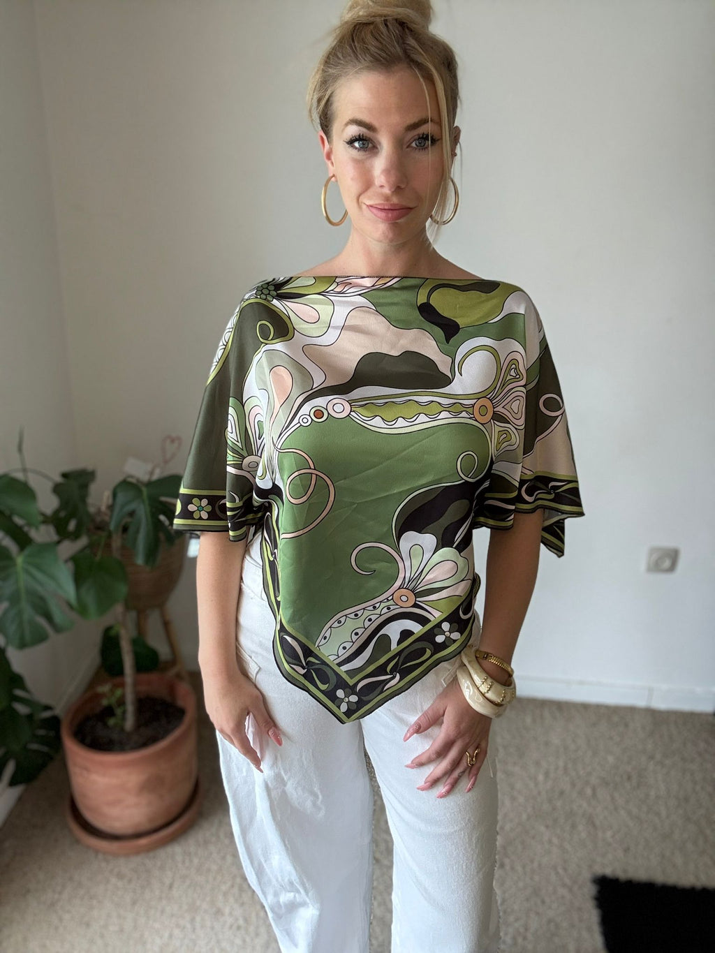 Green Print Satin Top