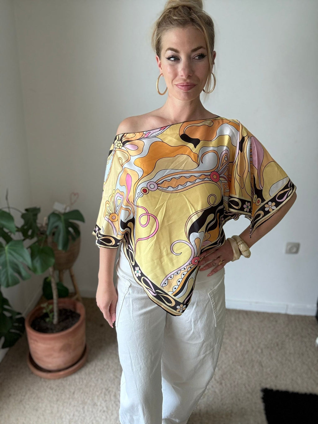 Yellow Print Satin Top