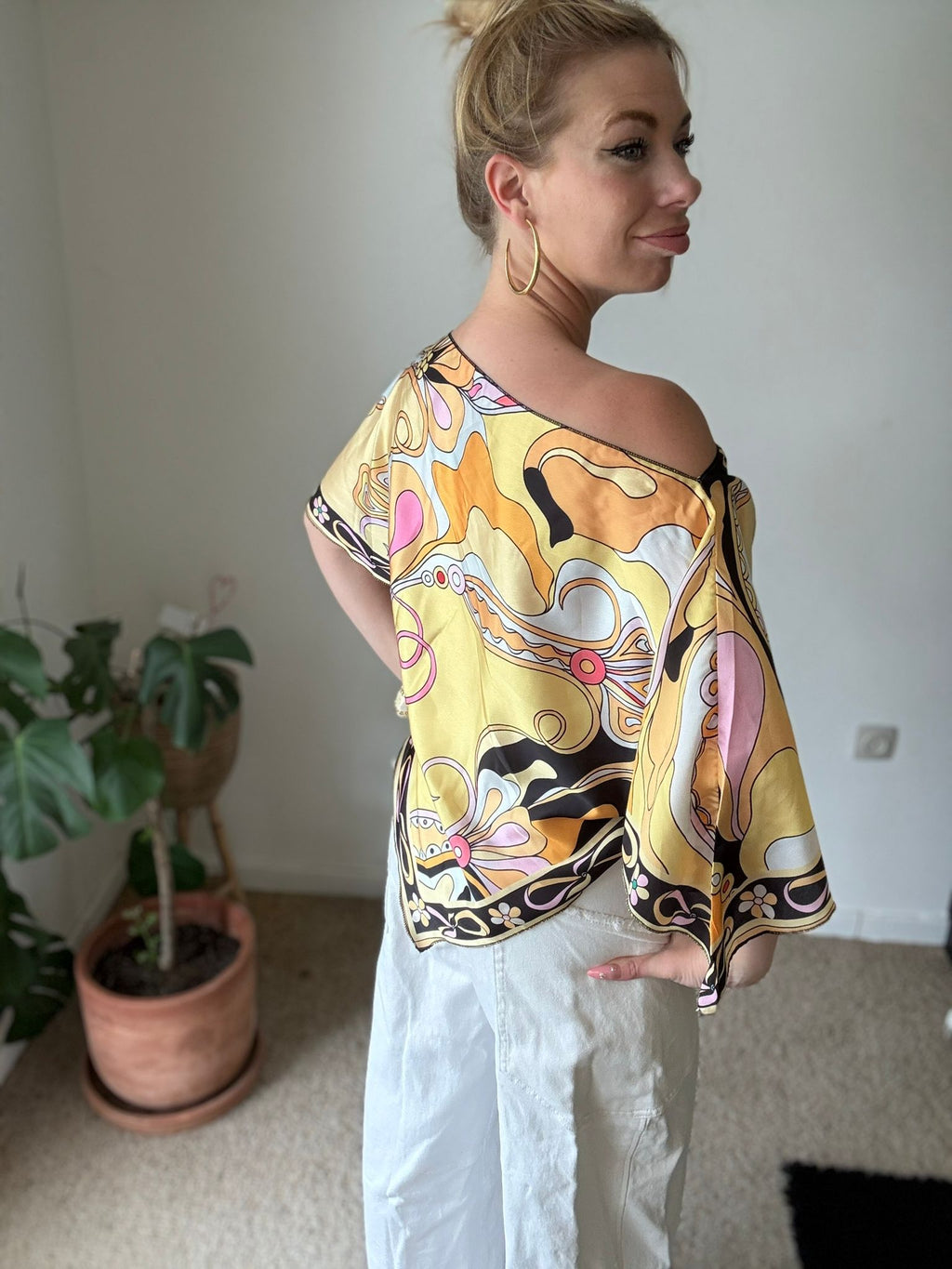 Yellow Print Satin Top