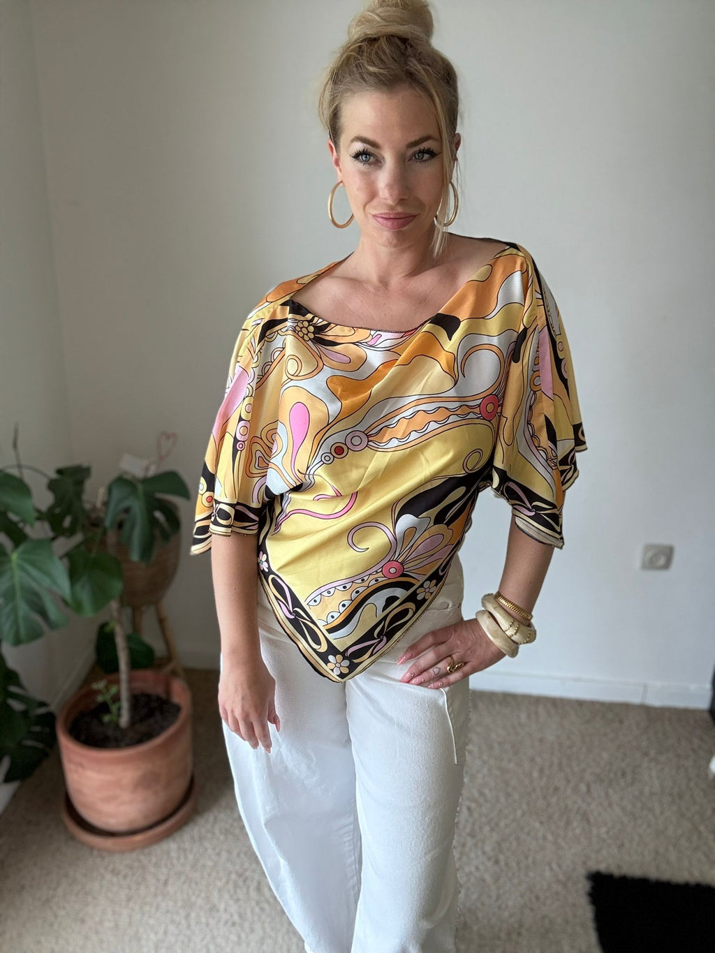 Yellow Print Satin Top