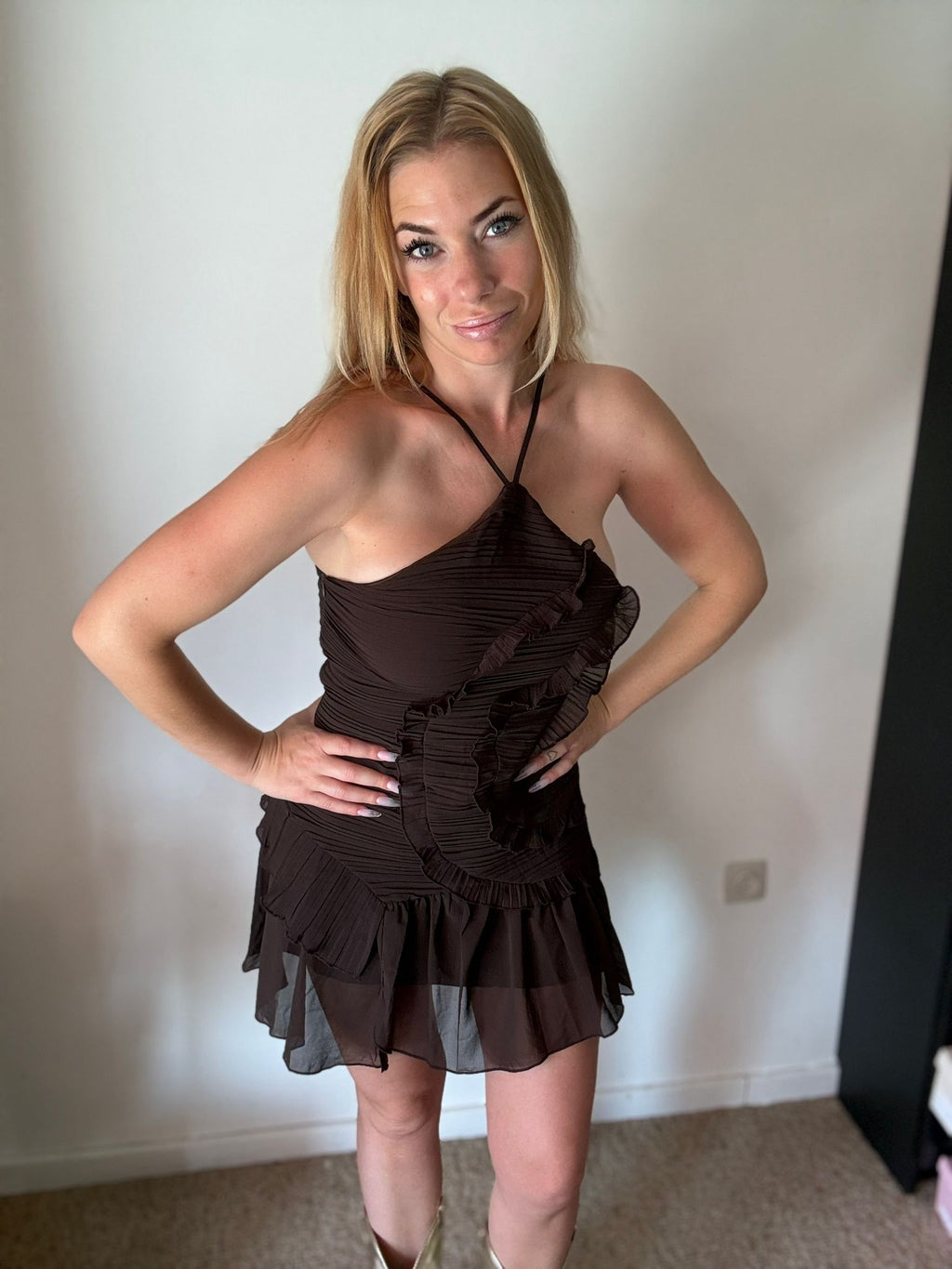 Ruches Mini Jurk Bruin