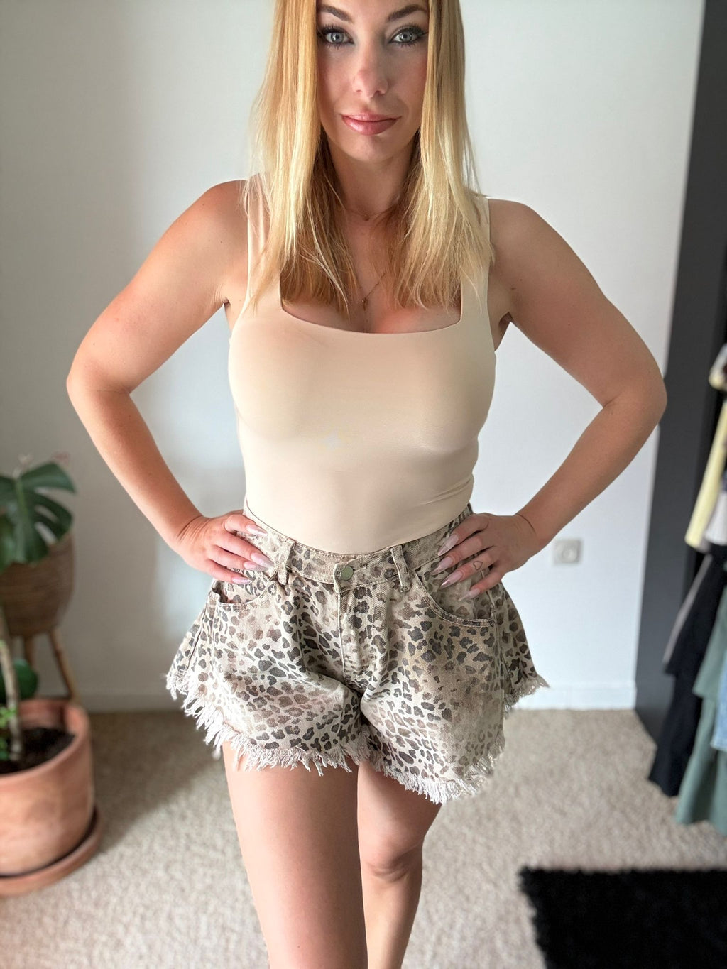 Leopard Denim Short met beige body zijkant