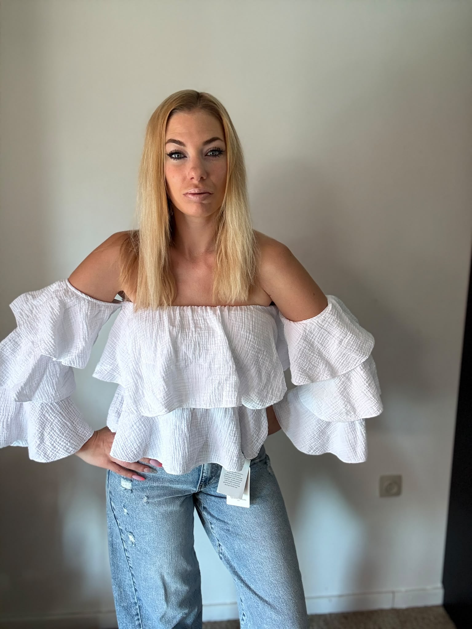 White Off Shoulder Ruffle Top - look 2