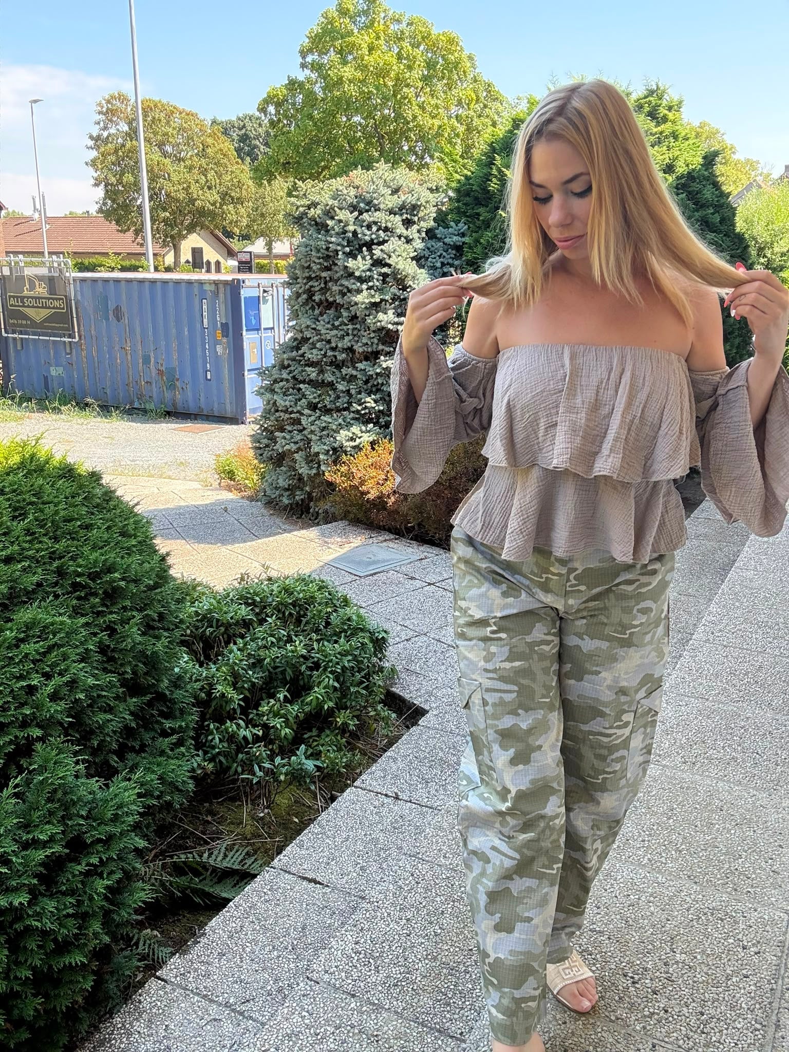 Taupe Off Shoulder Ruffle Top