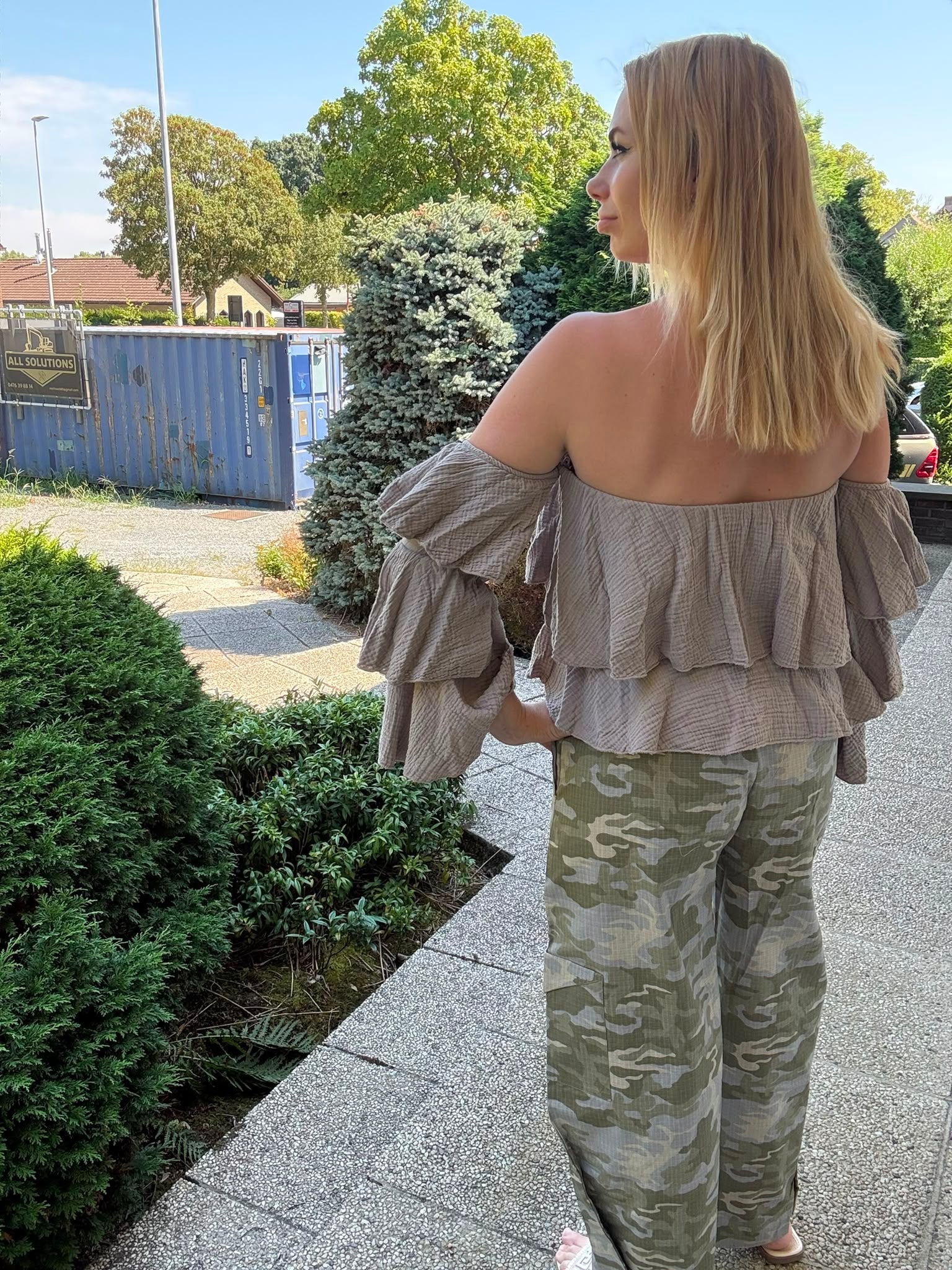 Taupe Off Shoulder Ruffle Top