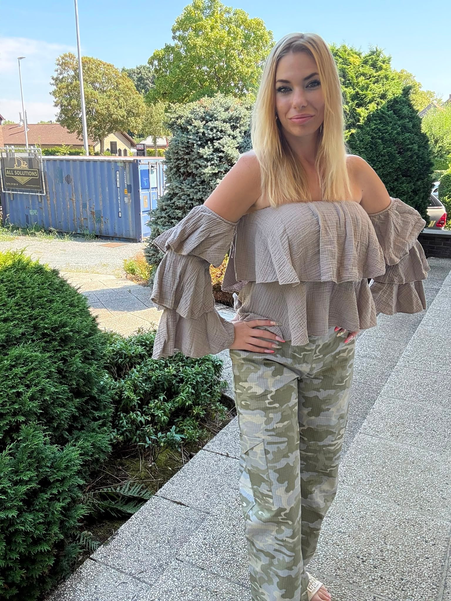 Taupe Off Shoulder Ruffle Top