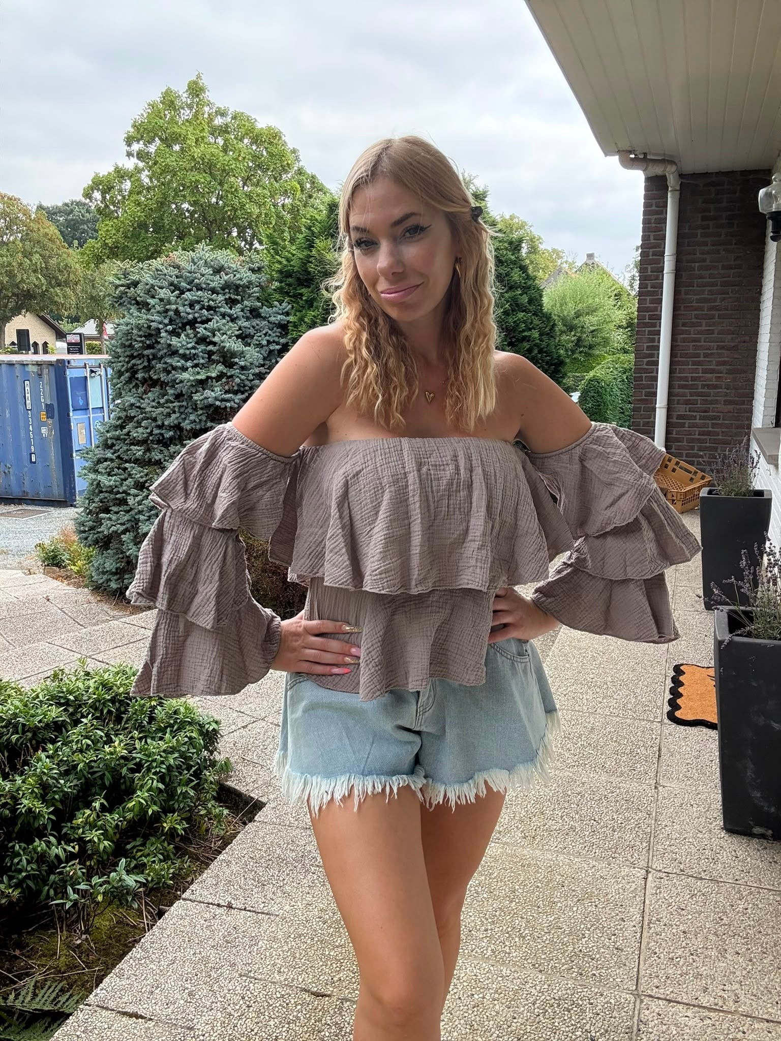 Taupe Off Shoulder Ruffle Top