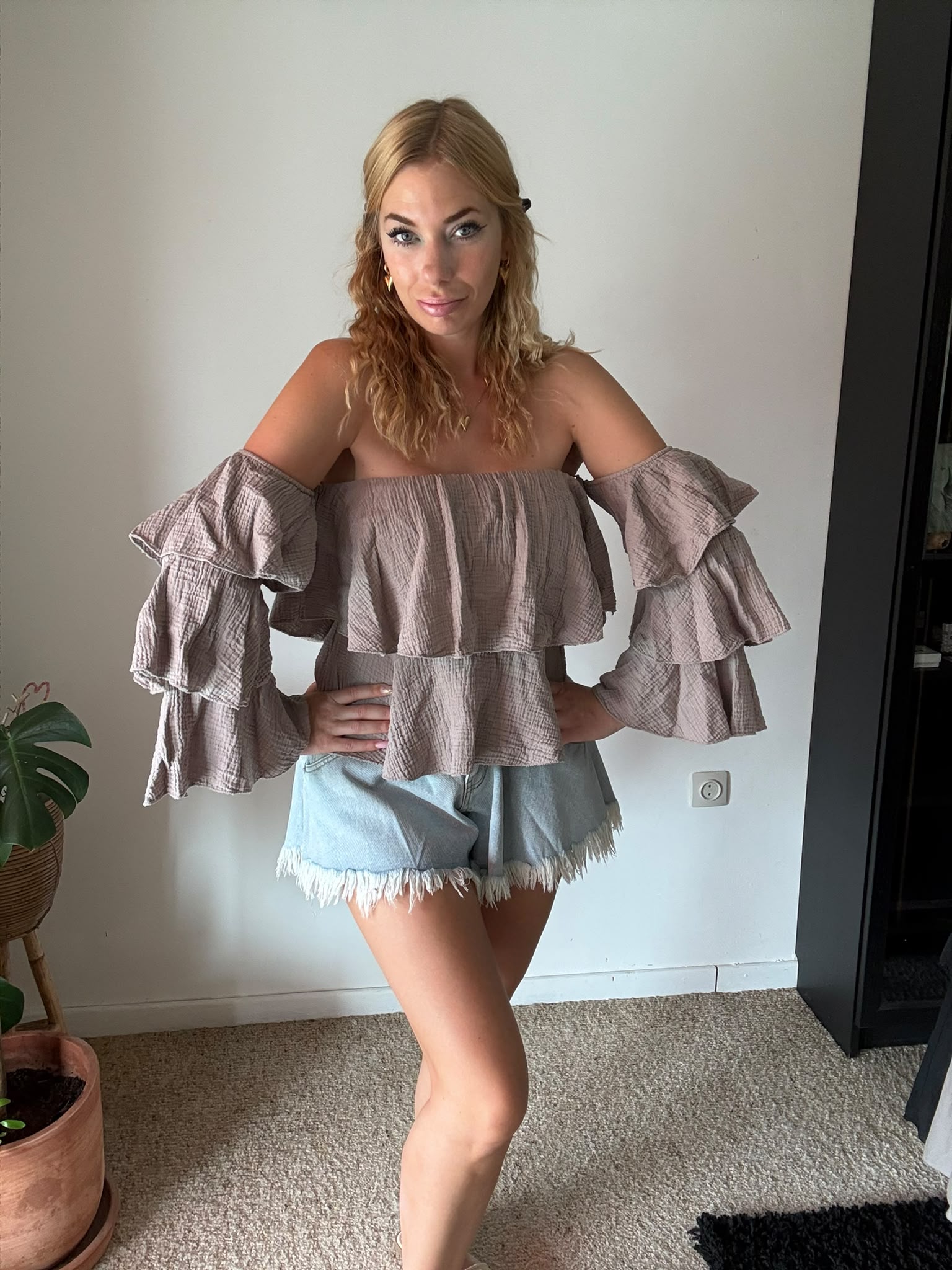 Taupe Off Shoulder Ruffle Top