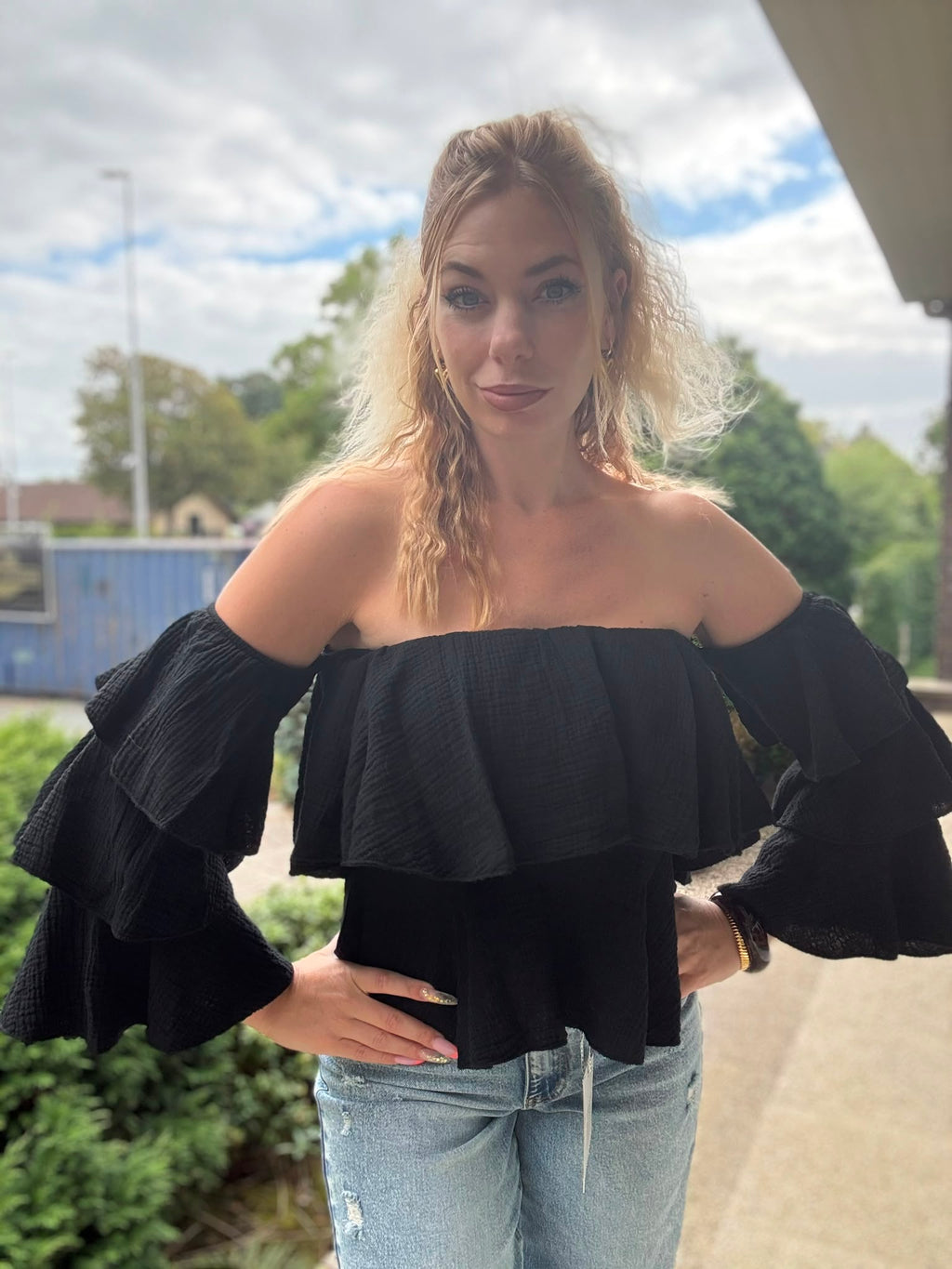 Black Off Shoulder Ruffle Top