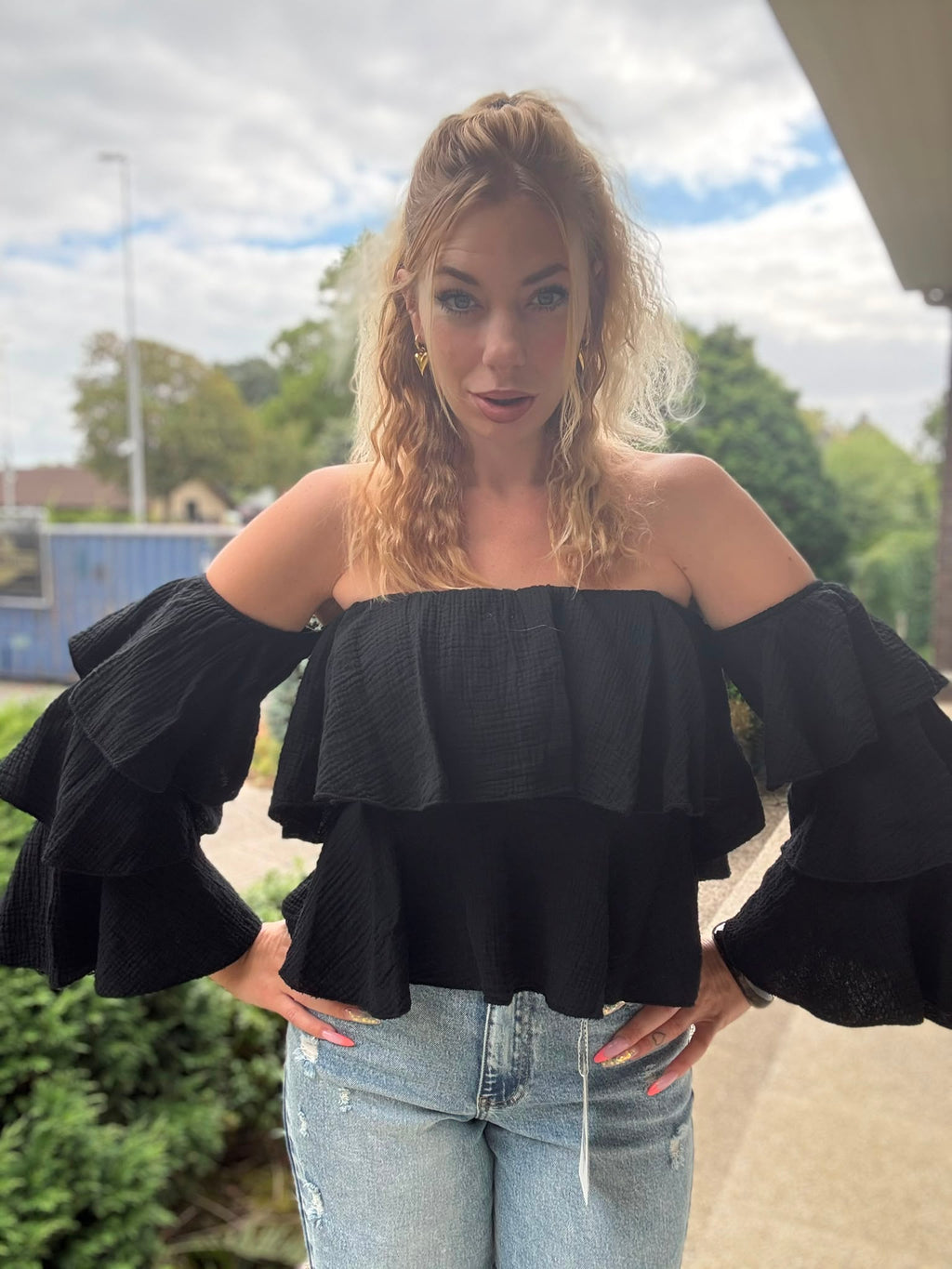 Black Off Shoulder Ruffle Top