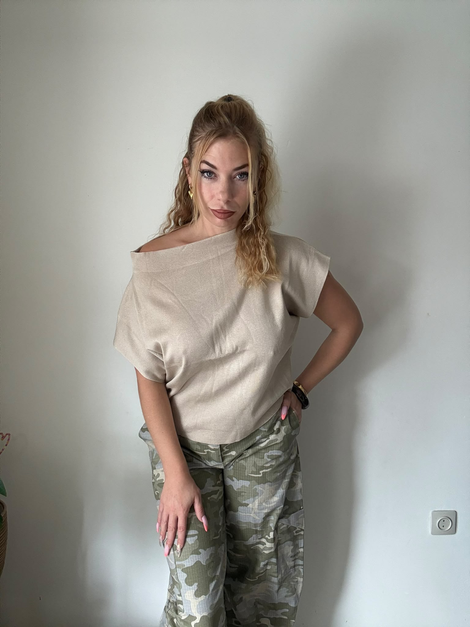 Beige Off Shoulder Stretch Top