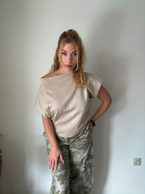 Beige Off Shoulder Stretch Top