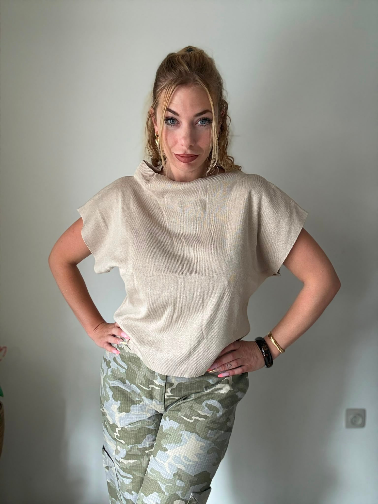 Beige Off Shoulder Stretch Top