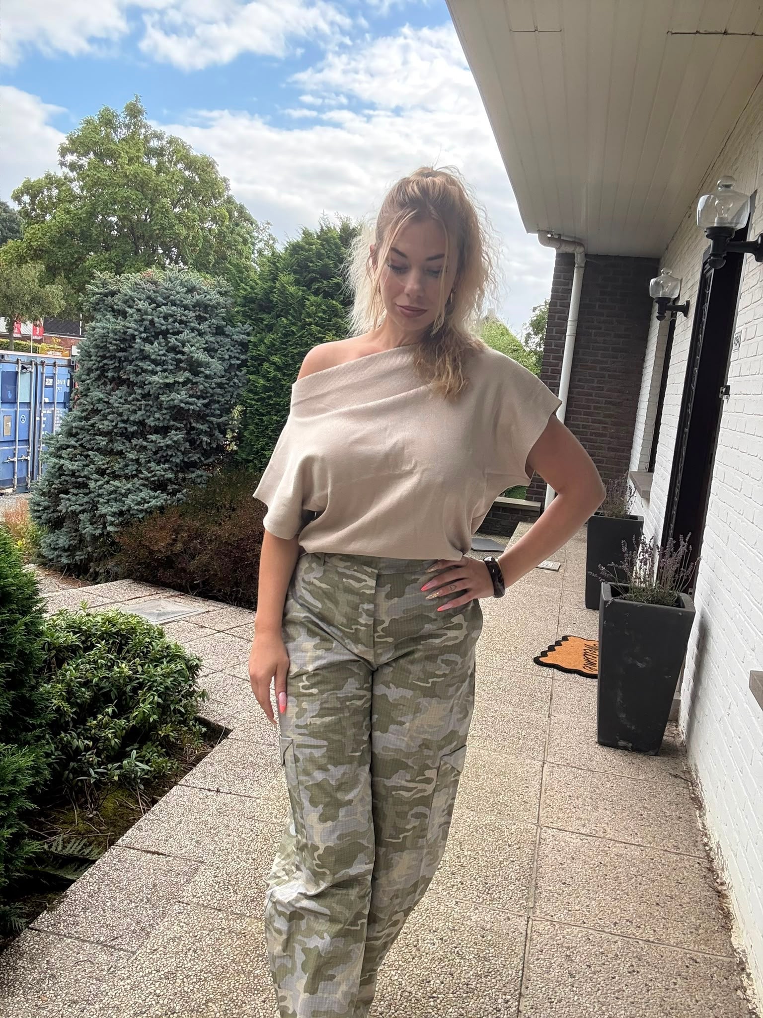Beige Off Shoulder Stretch Top
