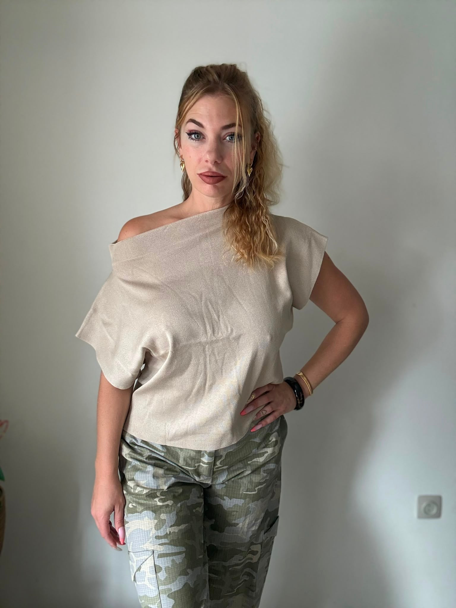 Beige Off Shoulder Stretch Top