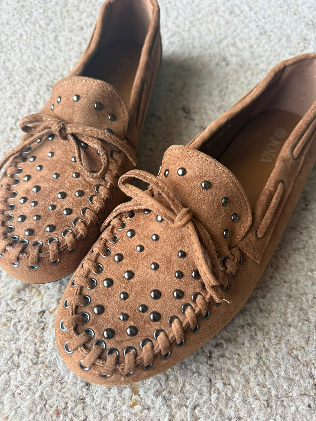 Camel Studded Loafers close-up studs