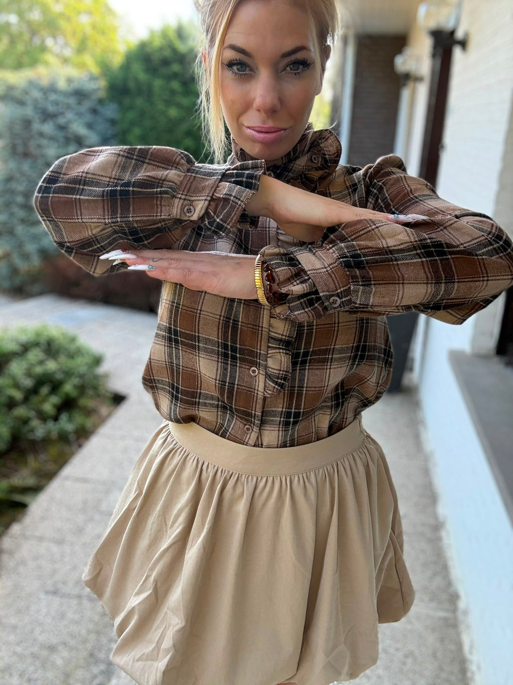 Brown Tartan Ruches Blouse achterkant