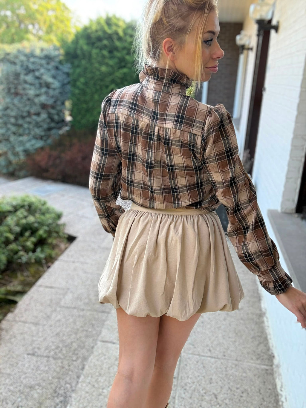 Brown Tartan Ruches Blouse full look