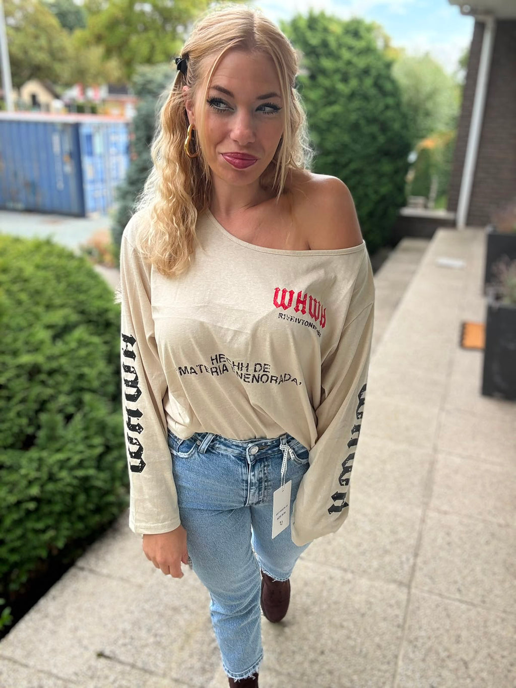 Off Shoulder Long Sleeve Top Beige - voor 2