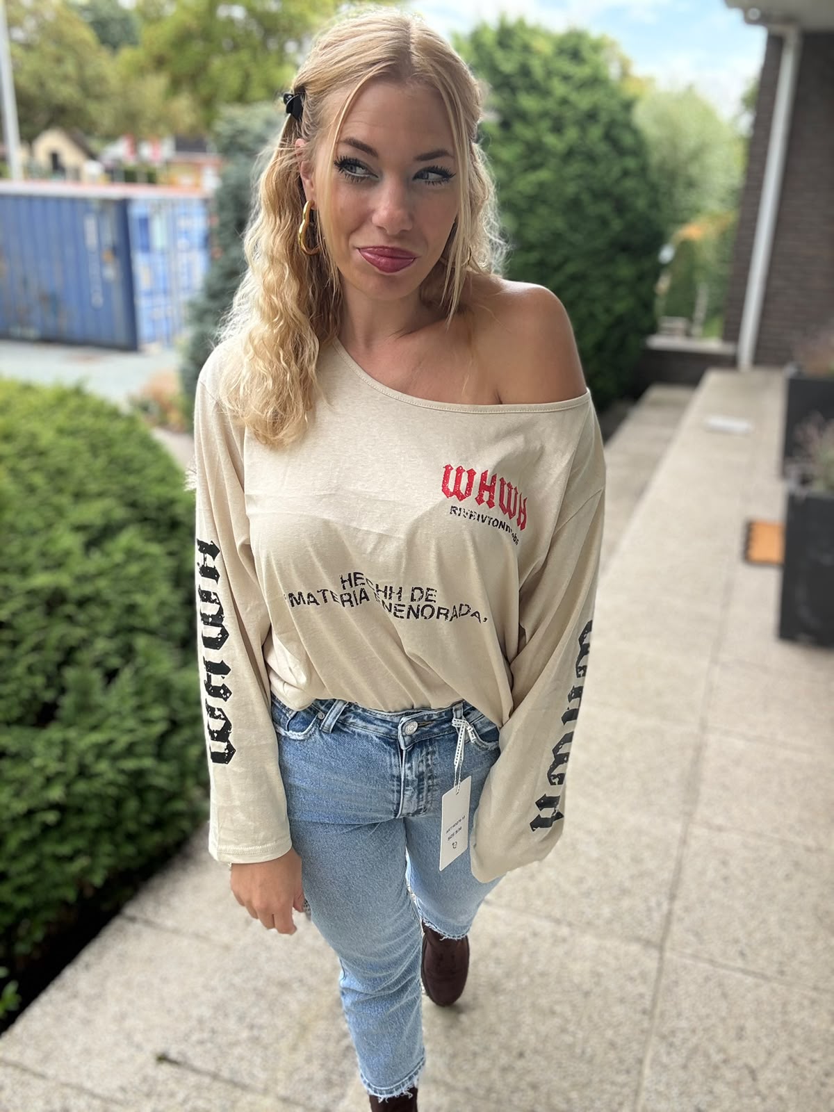 Off Shoulder Long Sleeve Top Beige - voor 2